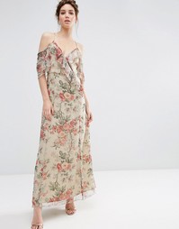ASOS Ruffle Cold Shoulder Maxi Dress in Vintage Floral Print - Мульти