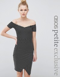 ASOS PETITE Bardot Asymmetric Bodycon Dress in Stripe - Черно-белый