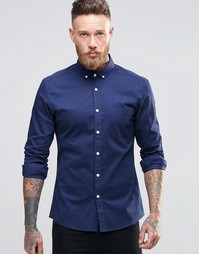 Темно-синяя облегающая рубашка из саржи с длинными рукавами ASOS