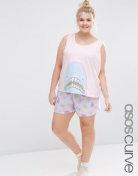 Пижамный комплект с майкой и шортами с принтом акул ASOS CURVE - Принт