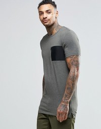 Удлиненная футболка цвета хаки с карманом в стиле милитари ASOS