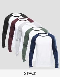 ASOS Long Sleeve T-Shirt With Contrast Raglan 5 Pack SAVE 24% - Мульти
