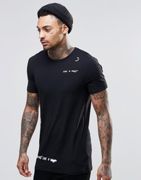 Удлиненная облегающая футболка с принтом на плече ASOS - Черный