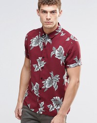 ASOS Revere Collar Tropical Shirt In Burgundy With Short Sleeves