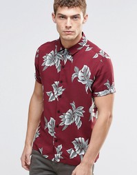ASOS Revere Collar Tropical Shirt In Burgundy With Short Sleeves