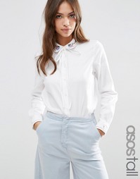 Рубашка с завязкой‑бантом и вышивкой на воротнике ASOS TALL - Белый
