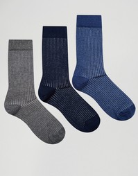 Набор из 3 пар строгих носков в рубчик ASOS - Синий