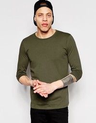 Футболка цвета хаки с рукавами 3/4 и круглым вырезом ASOS - Зеленый