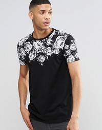 Супердлинная футболка с принтом роз и закругленным низом ASOS - Черный