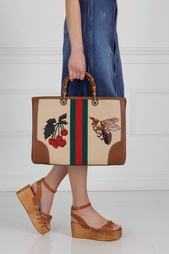 Сумка из кожи, льна и хлопка Bamboo Shopper Gucci