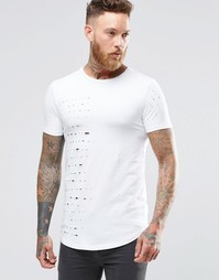 Белая удлиненная футболка с рваной отделкой и закругленным низом ASOS