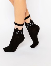 Непрозрачные носки с черными кошками Leg Avenue - Черный