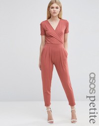 Трикотажный комбинезон с запахом и короткими рукавами ASOS PETITE