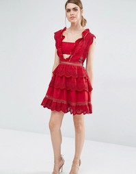 Кружевное платье с баской в три яруса Self Portrait - Малиново-красный