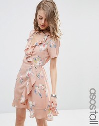 Чайное платье с запахом, оборками и цветочным принтом ASOS TALL