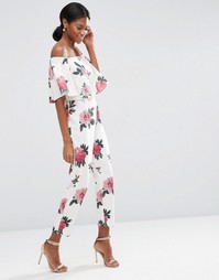 Комбинезон с открытыми плечами, оборкой и цветочным узором ASOS