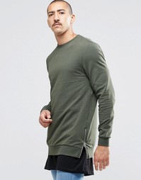 Удлиненный свитшот цвета хаки с молниями по бокам ASOS - Хаки