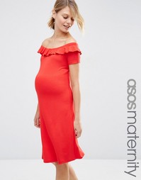Приталенное платье с оборками и открытыми плечами ASOS Maternity