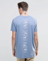 Удлиненная голубая футболка с принтом на спине ASOS - Выбеленный синий