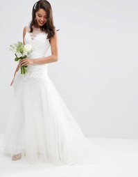 Платье макси с кружевным лифом и сетчатой юбкой ASOS BRIDAL - Белый