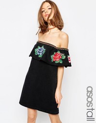 Черное джинсовое платье с широким вырезом и вышивкой ASOS TALL