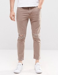 Светло-коричневые укороченные джинсы скинни с прорехами ASOS