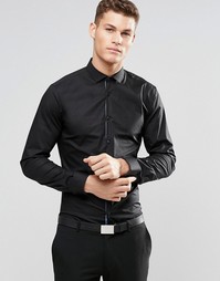 Черная строгая рубашка слим с косым воротником HUGO by Hugo Boss