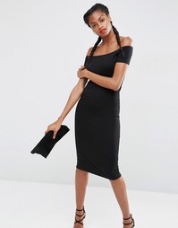 Облегающее платье миди с широким вырезом и короткими рукавами ASOS