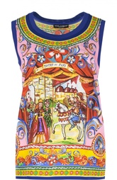 Шелковый топ с круглым вырезом и ярким принтом Dolce &amp; Gabbana