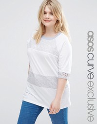 Футболка с кружевной вставкой ASOS CURVE - Белый
