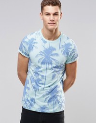 Облегающая футболка с отворотами и принтом пальм ASOS - Eggshell blue