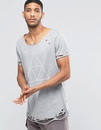 Длинная футболка с принтом и прорехами ASOS - Серый меланж