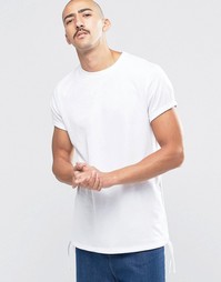 ASOS Longline T-Shirt With Drawcord Ruched Hem And Roll Sleeve In Whit