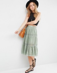 Юбка миди с кружевными вставками ASOS - Шалфей