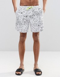 ASOS Swim Shorts With Splatter Print And Neon Drawcord In Mid Length