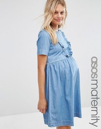 ASOS Maternity Denim Smock Dress With Ruffle Hem - Синий