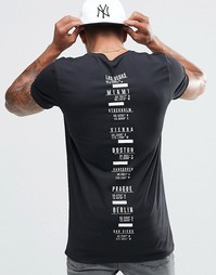 Черная удлиненная футболка с принтом на спине ASOS - Черный