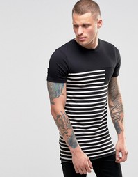 Черная удлиненная футболка с полосками и контрастным карманом ASOS