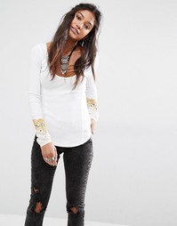 Топ с термослоем и вышивкой на манжетах Free People - Кремовый 1108