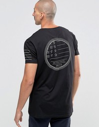 Длинная футболка с принтом и полосками на рукавах ASOS - Черный