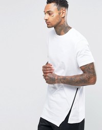 Удлиненная футболка с ассиметричной кромкой и молнией ASOS - Белый