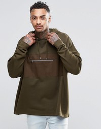 ASOS Oversized Longline Hoodie With Woven Pocket In Khaki - Хаки