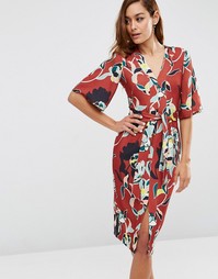 Платье с поясом оби и цветочным принтом ASOS - Мульти