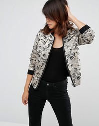 Helene Berman Bomber Jacket In Reverse Gold Floral Jacquard