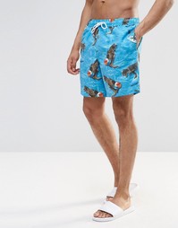 ASOS Swim Shorts With Surfing Dinosaur Print In Mid Length - Синий