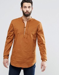 ASOS Military Overhead Shirt In Tan With Tie Front - Tobacco