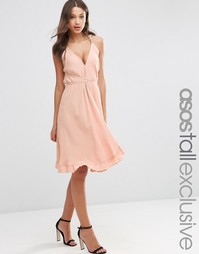 ASOS TALL Swing Dress with Frill Hem and Wrap Tie - Blush