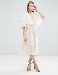 Платье миди с короткими рукавами и рюшами ASOS - Mink