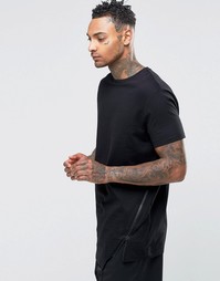Удлиненная футболка с ассиметричной кромкой и молнией ASOS - Черный