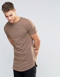 ASOS Super Longline Muscle T-Shirt With Curved Hem And Zips In Brown